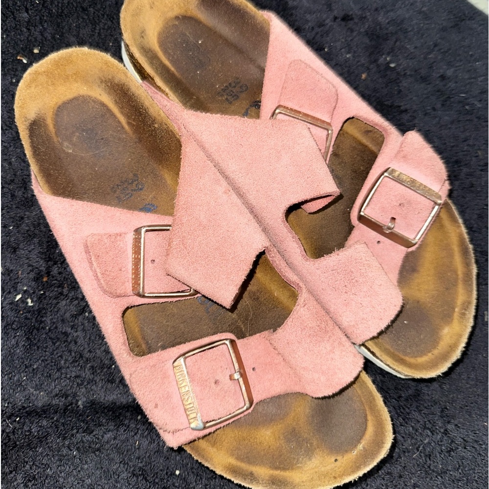 Pink suede Birkenstock buckle sandals
